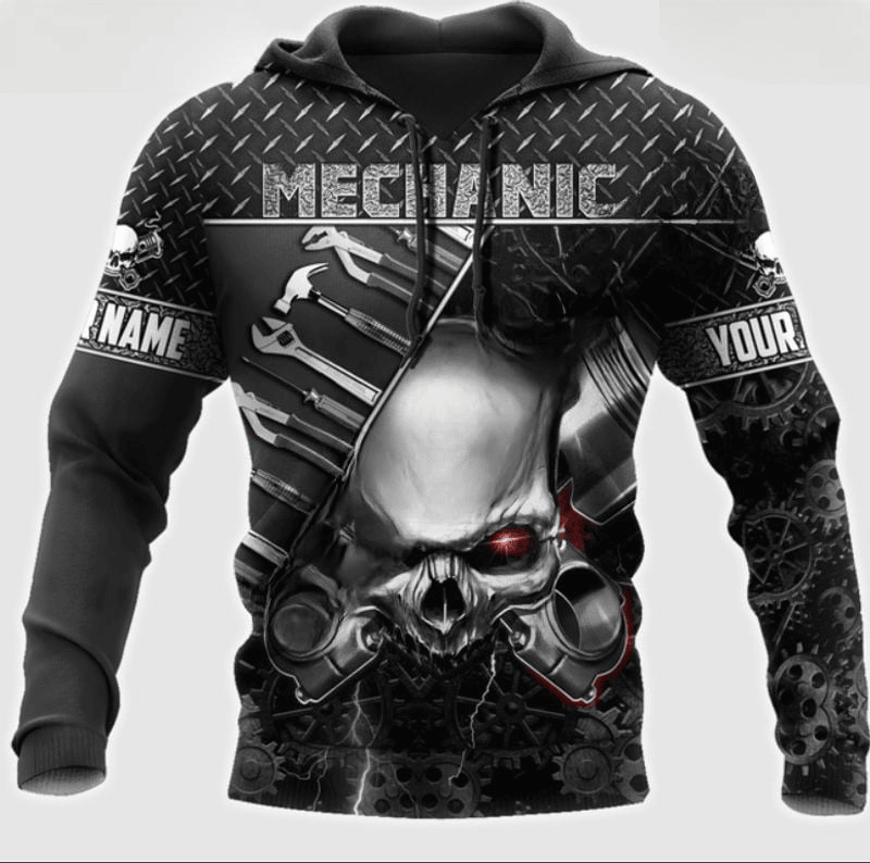 Bikergod Motorcycle Mechanic Skull Custom Name Hoodie Design 3D Full Printed Sizes S - 5XL - NAQA349