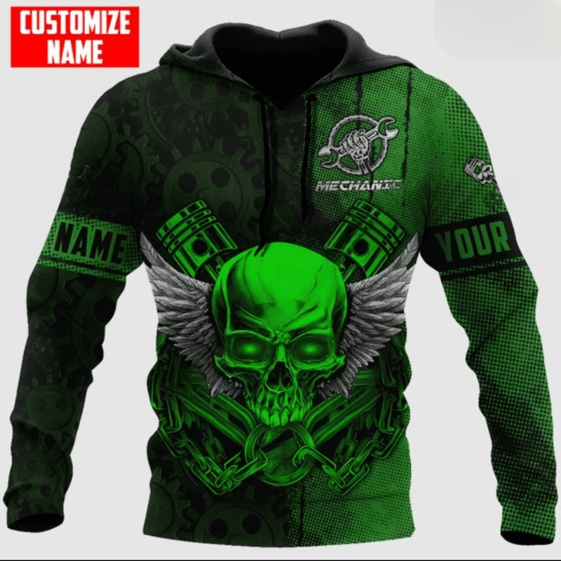 Bikergod Motorcycle Mechanic Skull Custom Name Hoodie Design 3D Full Printed Sizes S - 5XL - NAQA343