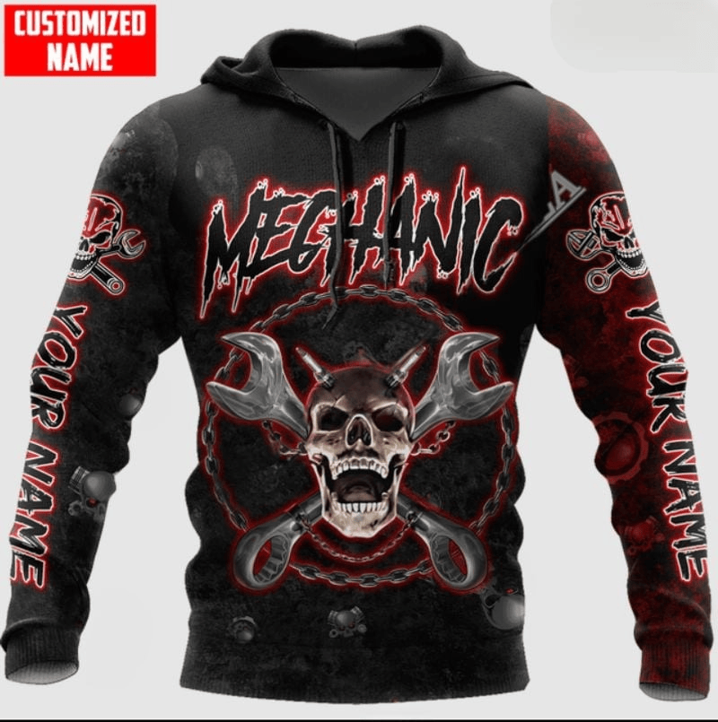 Bikergod Motorcycle Mechanic Skull Custom Name Hoodie Design 3D Full Printed Sizes S - 5XL - NAQA348