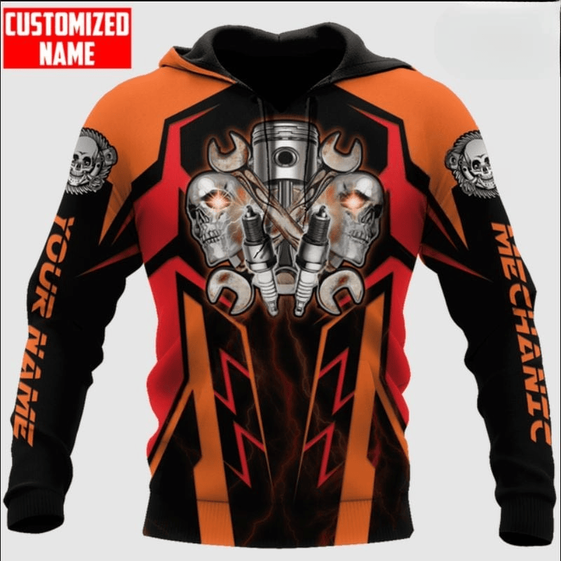 Bikergod Motorcycle Mechanic Skull Custom Name Hoodie Design 3D Full Printed Sizes S - 5XL - NAQA345
