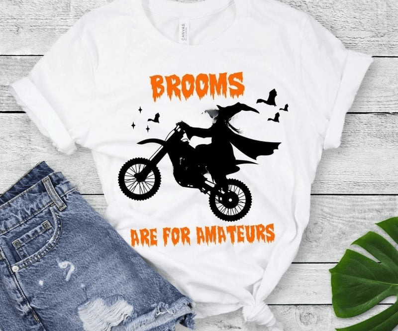 Bikergod Motorcycle Witch Riding Motorcycle Brooms Are For Amateurs Halloween T-shirt, Crew-neck Sweatshirt, Hoodie, Tank Top, V-neck T-shirt Design 2D Full Printed Sizes S - 5XL - NABC302
