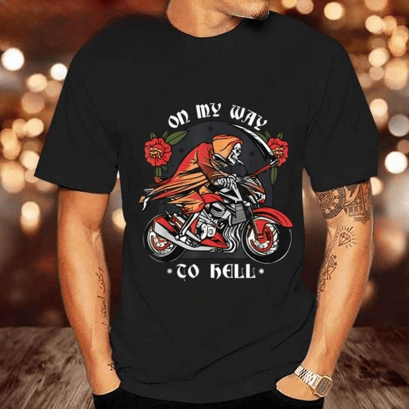 Bikergod Motorcycle Halloween Biker Skeleton On My Way To Hell T-shirt, Crew-neck Sweatshirt, Hoodie, Tank Top, V-neck T-shirt Design 2D Full Printed Sizes S - 5XL - NABC392