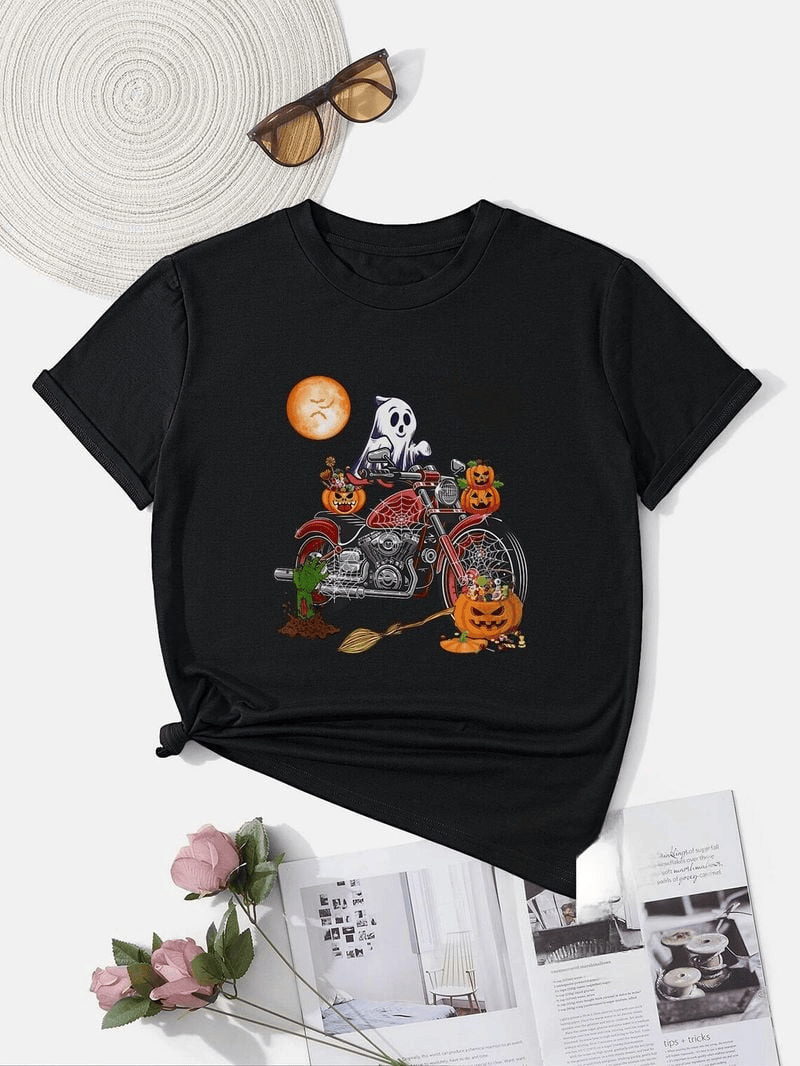 Bikergod Motorcycle Boo Ghost Riding Motorcycle T-shirt, Crew-neck Sweatshirt, Hoodie, Tank Top, V-neck T-shirt Design 2D Full Printed Sizes S - 5XL - NABK207