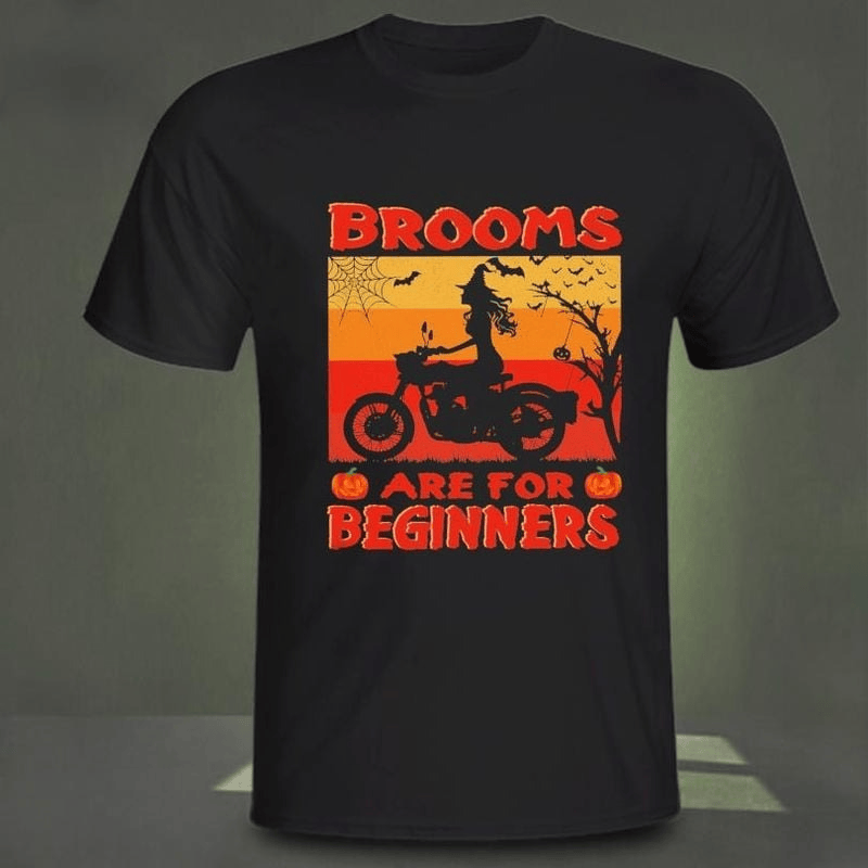 Bikergod Motorcycle Witch Brooms are for beginners Halloween T-shirt, Crew-neck Sweatshirt, Hoodie, Tank Top, V-neck T-shirt Design 2D Full Printed Sizes S - 5XL - NABD259