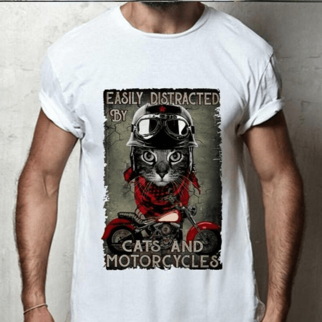 Bikergod Motorcycles Easily Distracted By Cat And Motorcycles T-shirt Design 2D Full Printed Sizes S - 5XL - NAAB179