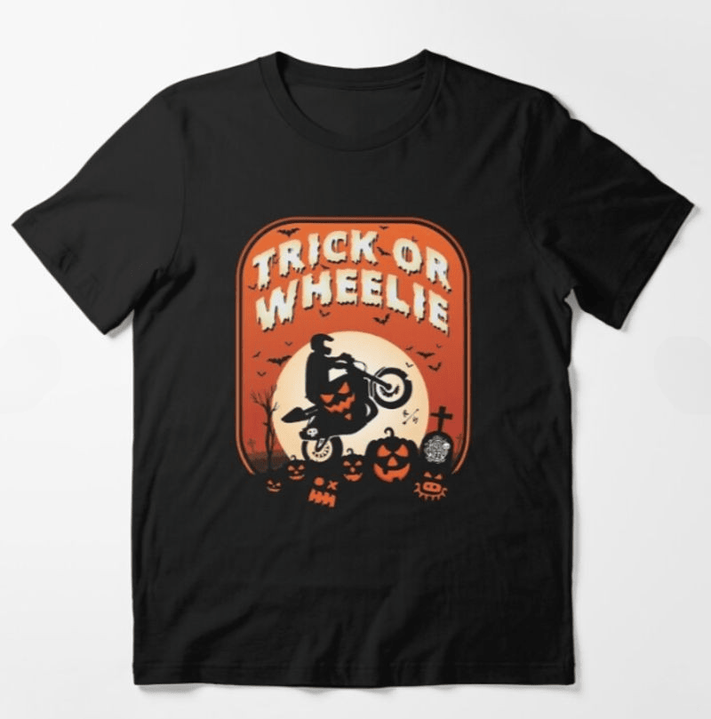 Bikergod Motorcycle Trick or Wheelie Halloween T-shirt, Crew-neck Sweatshirt, Hoodie, Tank Top, V-neck T-shirt Design 2D Full Printed Sizes S - 5XL - NABC330