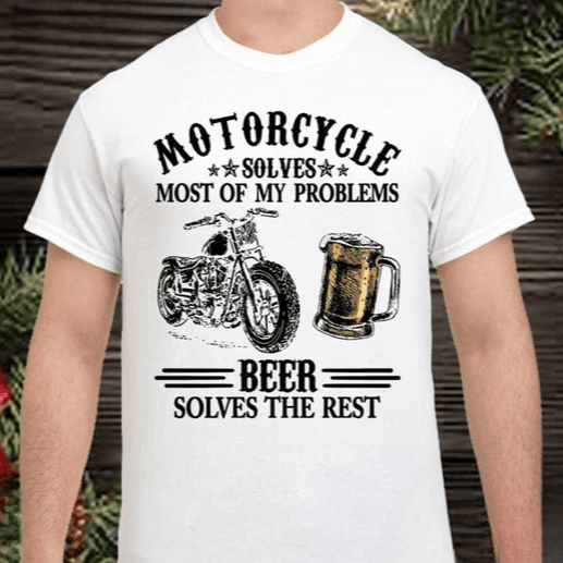 Bikergod Motorcycle Motorcycle Solves Most Of My Problems Beer Solves The Rest T-shirt, Crew-neck Sweatshirt, Hoodie, Tank Top, V-neck T-shirt Design 2D Full Printed Sizes S - 5XL - NABU285