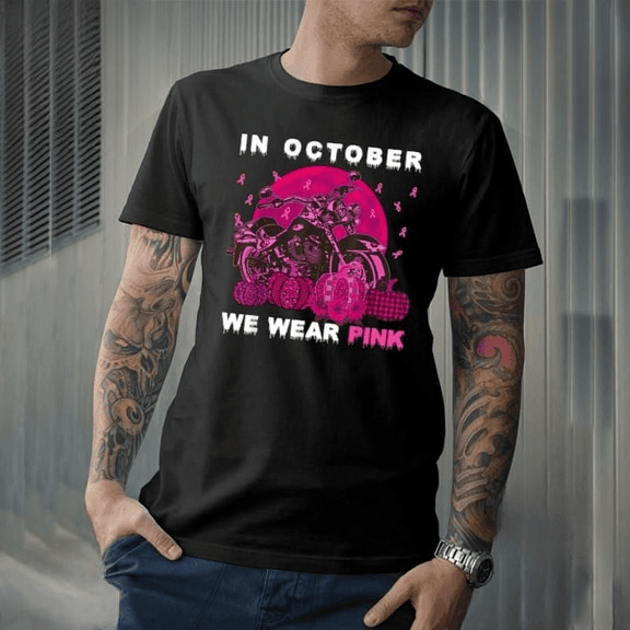 Bikergod Motorcycle Breast Cancer Awareness Halloween Pumpkin In October we Wear Pink T-shirt, Crew-neck Sweatshirt, Hoodie, Tank Top, V-neck T-shirt Design 2D Full Printed Sizes S - 5XL - NABD261