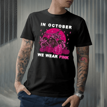 Bikergod Motorcycle Breast Cancer Awareness Halloween Pumpkin In October we Wear Pink T-shirt, Crew-neck Sweatshirt, Hoodie, Tank Top, V-neck T-shirt Design 2D Full Printed Sizes S - 5XL - NABD261