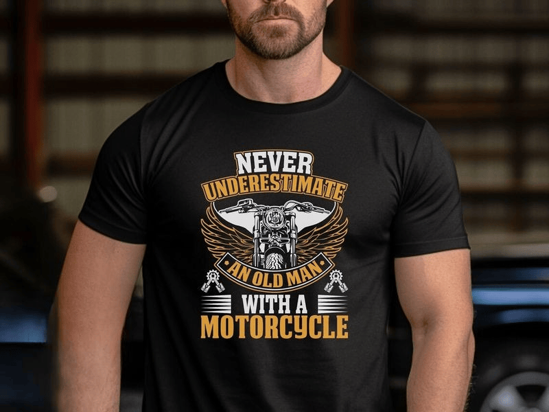 Bikergod Motorcycle Never Underestimate an Old Man with a Motorcycle T-shirt, Crew-neck Sweatshirt, Hoodie, Tank Top, V-neck T-shirt Design 2D Full Printed Sizes S - 5XL - NAMA291