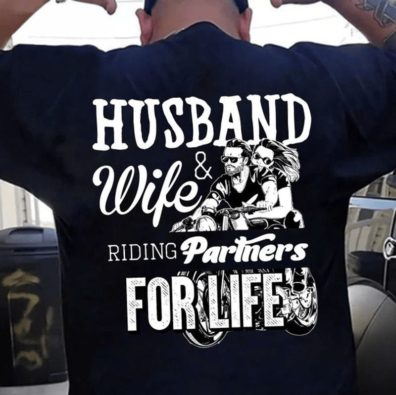 Bikergod Motorcycle husband and wife riding partners for life T-shirt, Crew-neck Sweatshirt, Hoodie, Tank Top, V-neck T-shirt Design 2D Full Printed Sizes S - 5XL - NAJA417