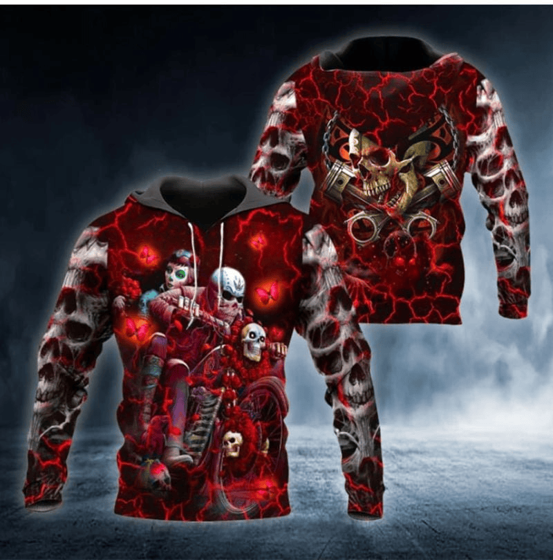 Bikergod Motorcycle Red Rose Skeleton Couple Hoodie Design 3D Full Printed Sizes S - 5XL - NAAB351