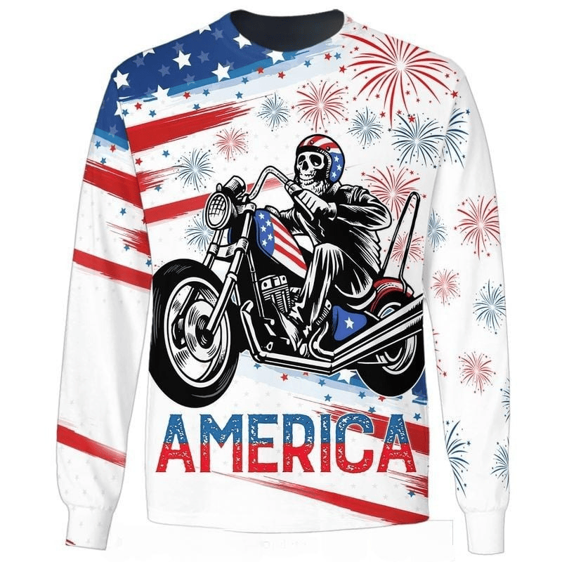 Bikergod Motorcycle Skeleton America Independence Day Sweatshirt Design 3D Full Printed Sizes S - 5XL - NMQI104E