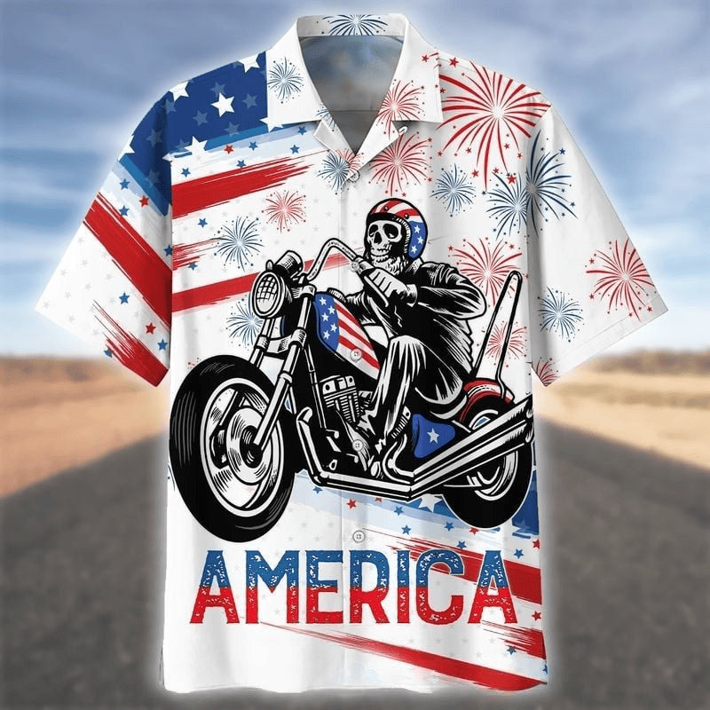 Bikergod Motorcycle Skeleton America Independence Hawaii Shirt Design 3D Full Printed Sizes S - 5XL NMQI104C