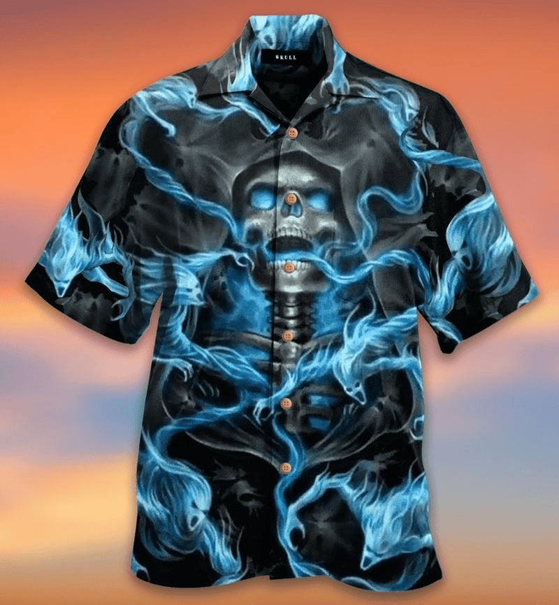 Bikergod Motorcycle Blue Fire Skull Biker COTTON Hawaii Shirt Design 3D Full Printed Sizes S - 5XL NAQA239