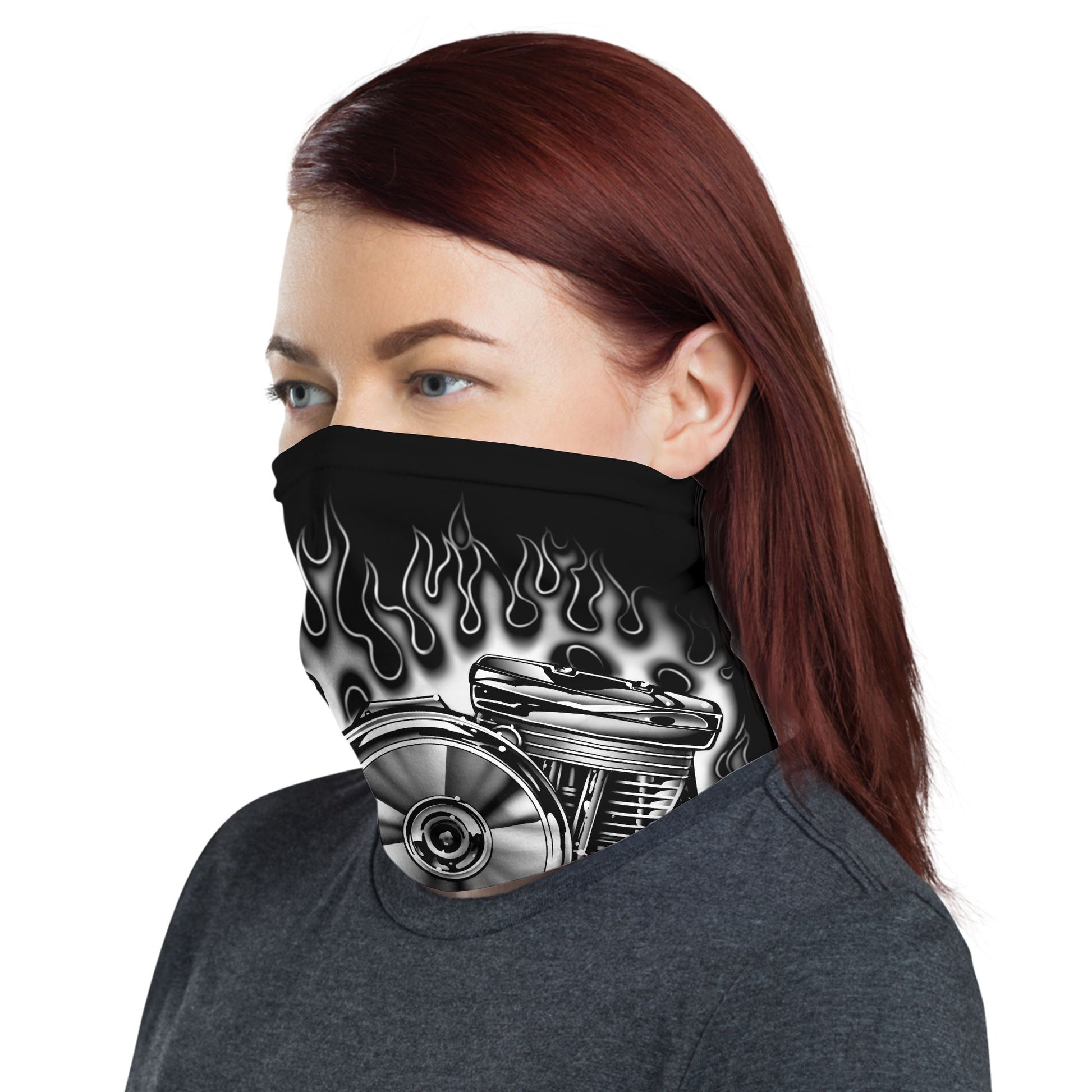 Bikergod V-Twin Engine Chrome Motorcycle Motor with Flames Bandana DH042025TS21