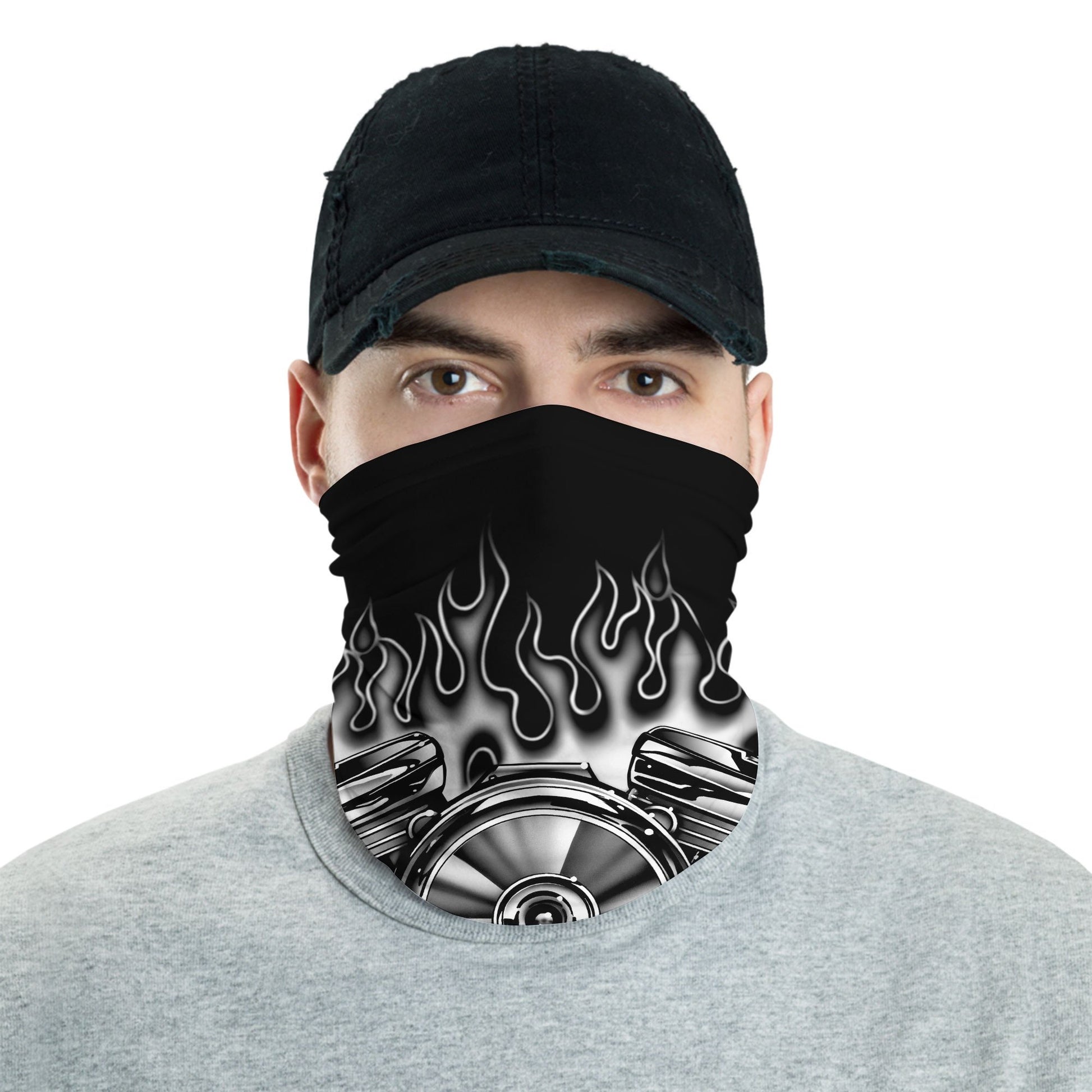 Bikergod V-Twin Engine Chrome Motorcycle Motor with Flames Bandana DH042025TS21