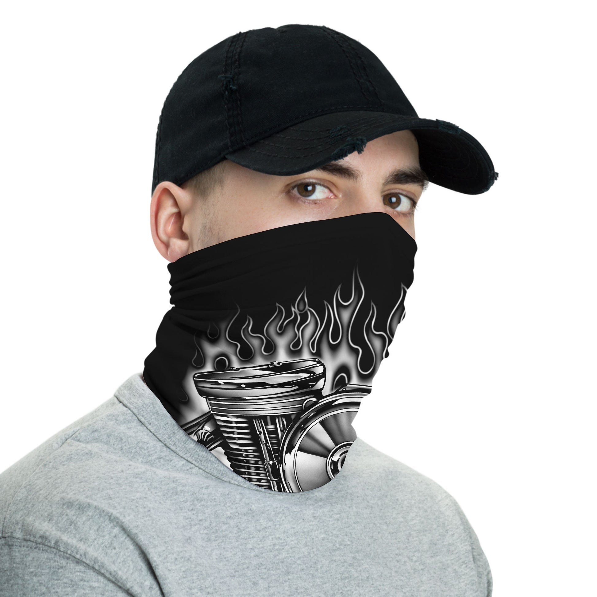 Bikergod V-Twin Engine Chrome Motorcycle Motor with Flames Bandana DH042025TS21
