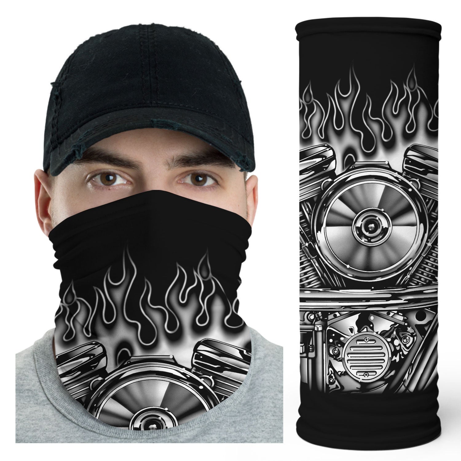 Bikergod V-Twin Engine Chrome Motorcycle Motor with Flames Bandana DH042025TS21