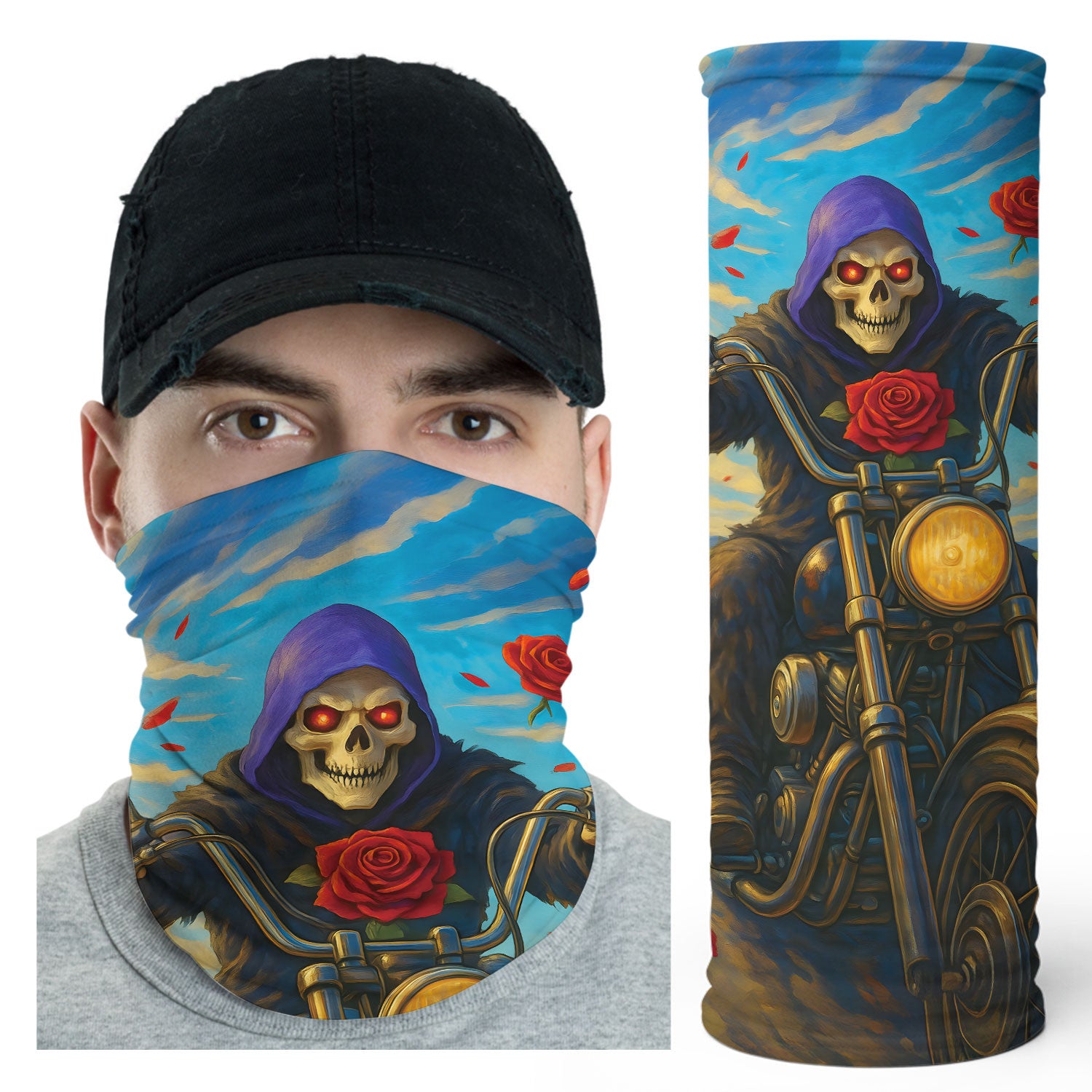 Bikergod Grim Reaper Motorcycle Red Roses And Blue Sky Fantasy Neck Gaiter Bandana DH042025TS23