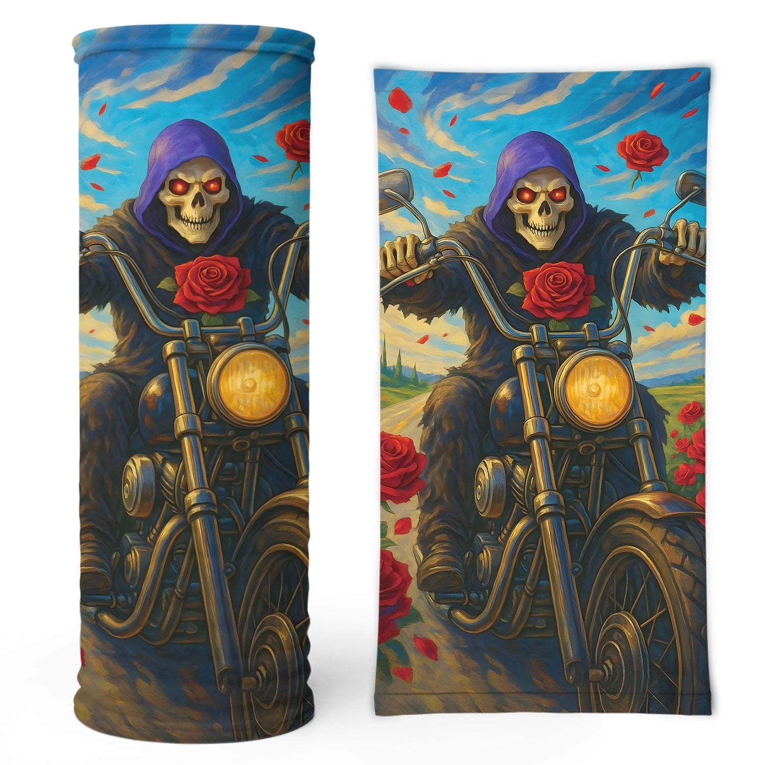 Bikergod Grim Reaper Motorcycle Red Roses And Blue Sky Fantasy Neck Gaiter Bandana DH042025TS23