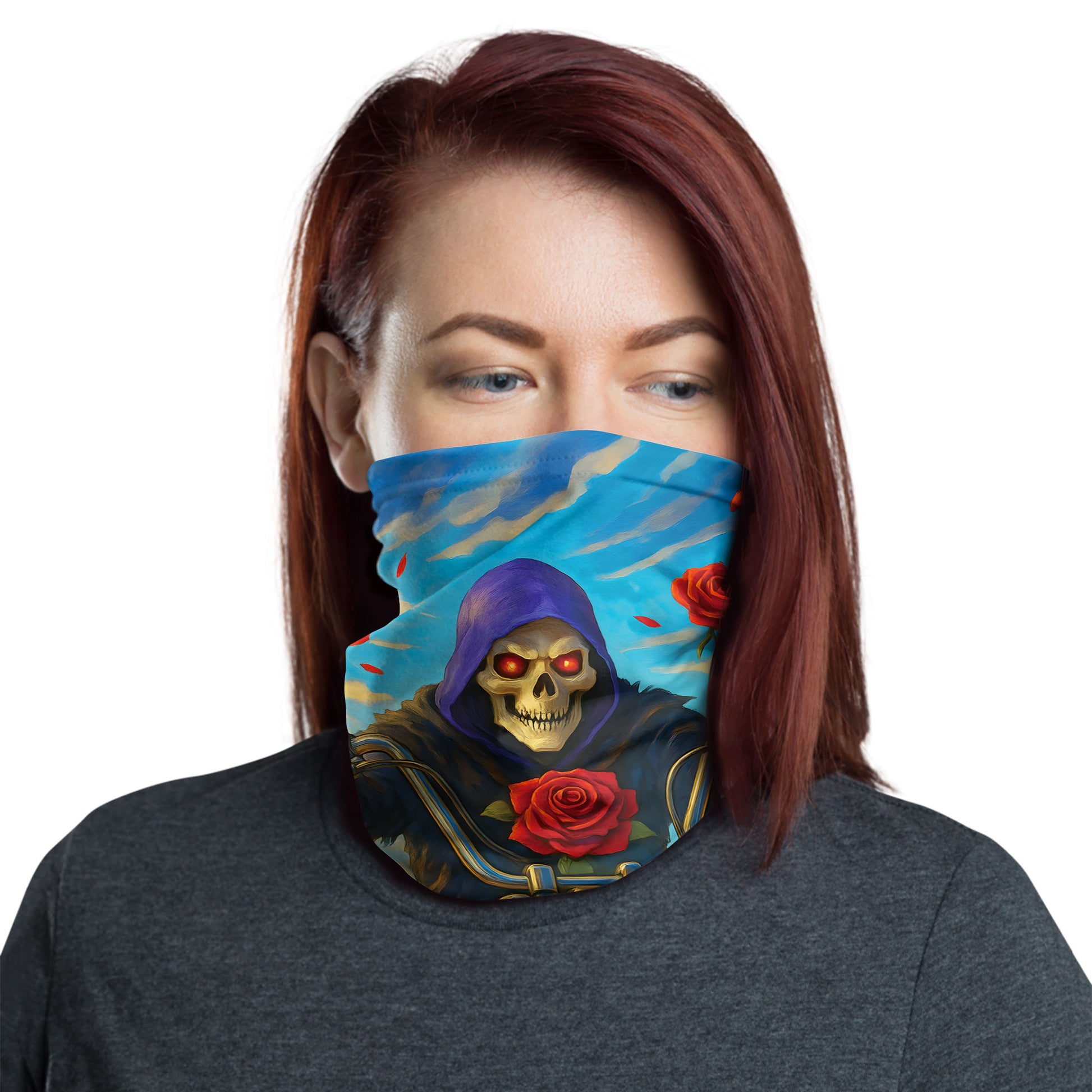 Bikergod Grim Reaper Motorcycle Red Roses And Blue Sky Fantasy Neck Gaiter Bandana DH042025TS23