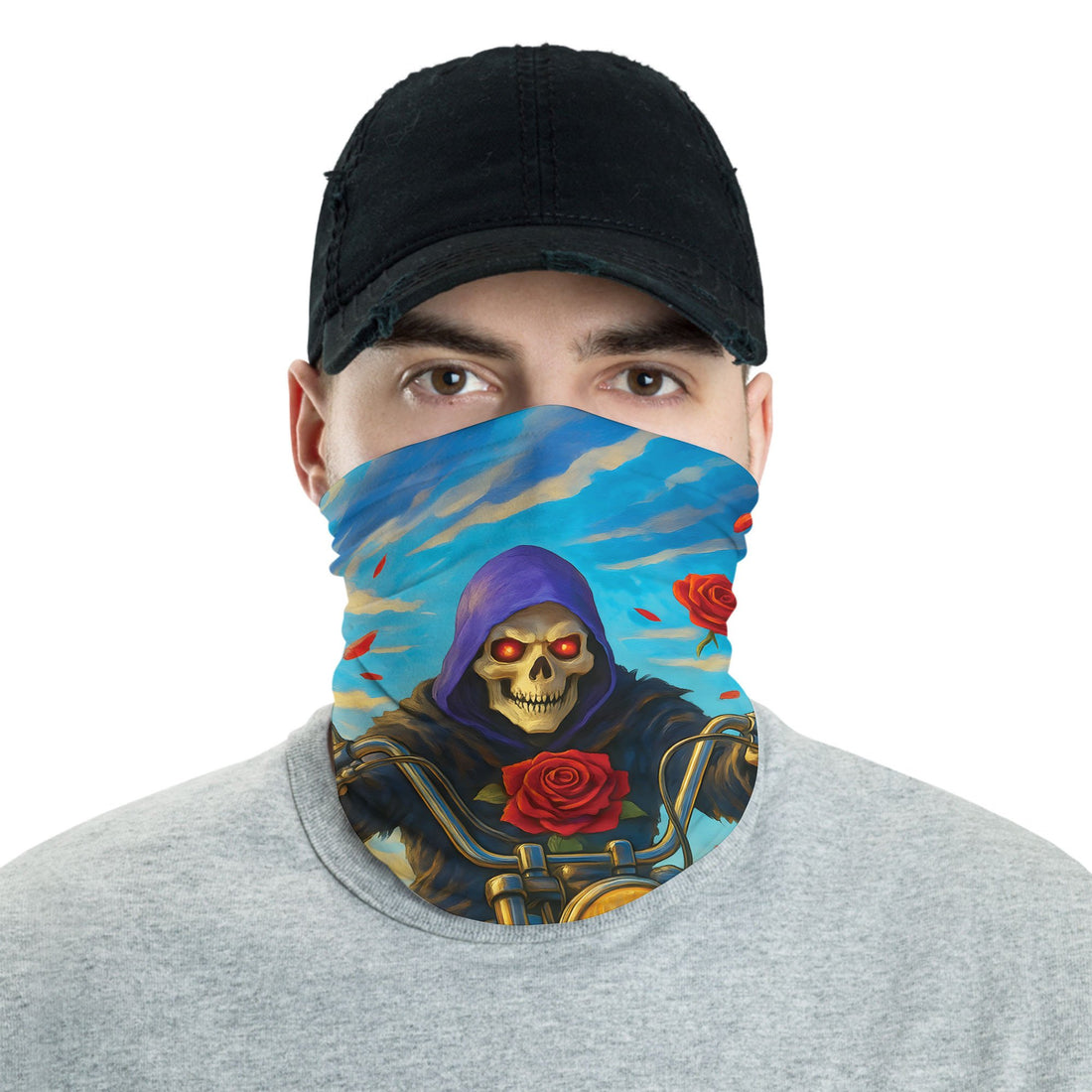 Bikergod Grim Reaper Motorcycle Red Roses And Blue Sky Fantasy Neck Gaiter Bandana DH042025TS23