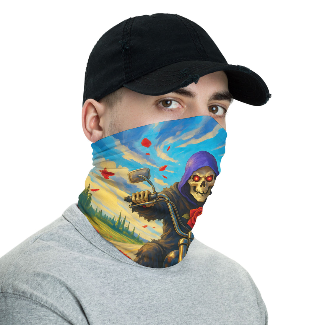 Bikergod Grim Reaper Motorcycle Red Roses And Blue Sky Fantasy Neck Gaiter Bandana DH042025TS23