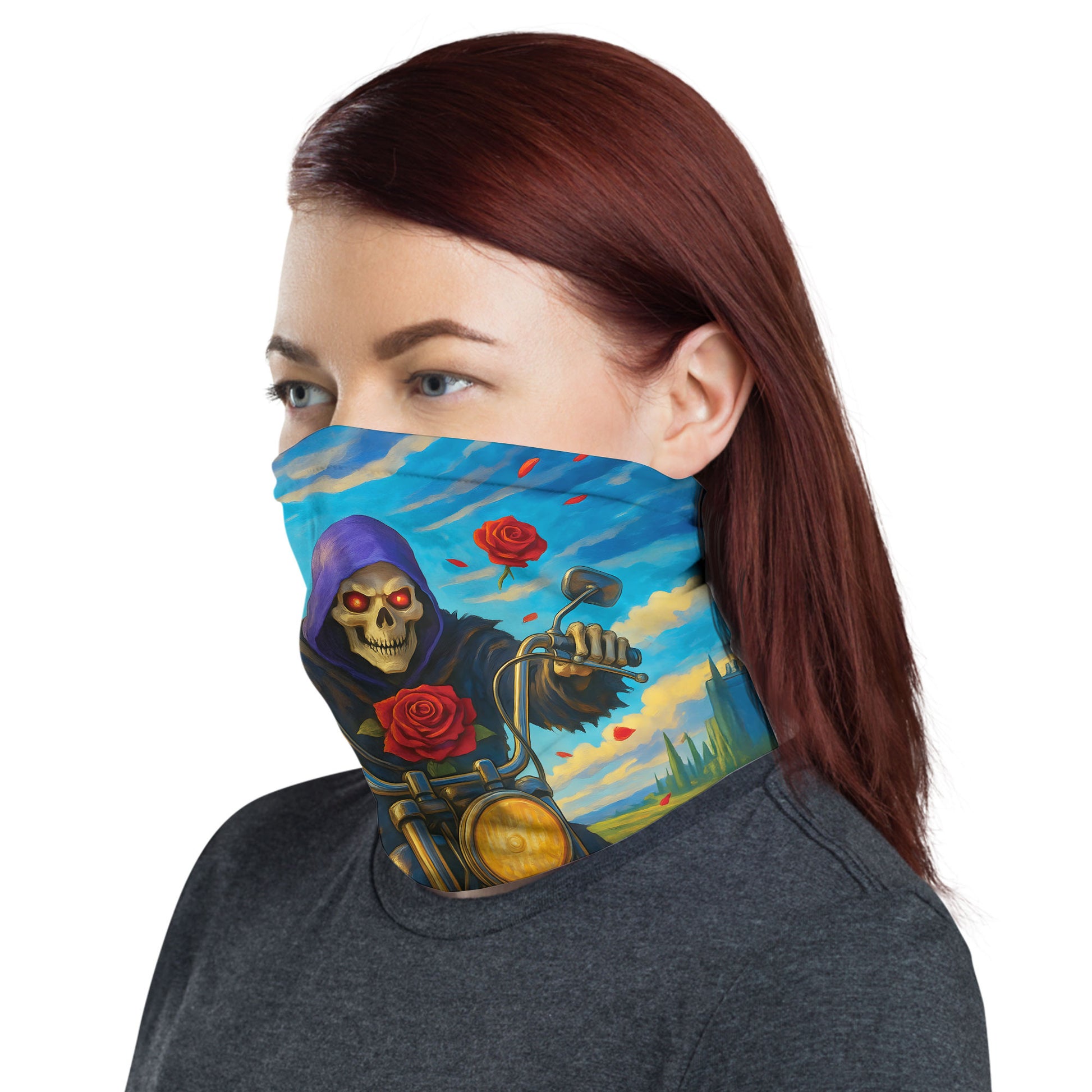Bikergod Grim Reaper Motorcycle Red Roses And Blue Sky Fantasy Neck Gaiter Bandana DH042025TS23