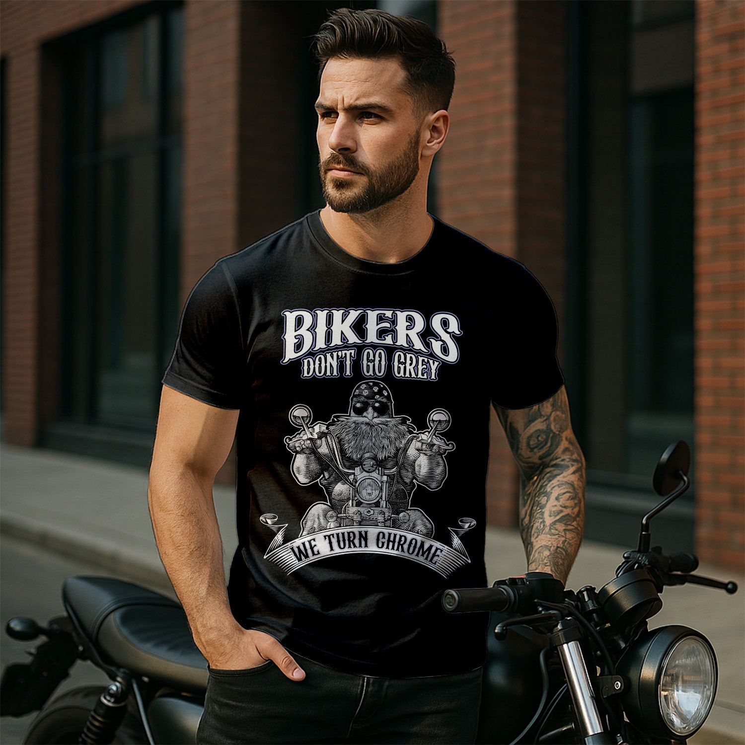 Bikergod Bikers Don't Go Grey, We Turn Chrome Motocycle T-Shirt Design 2D Printed HM24052505