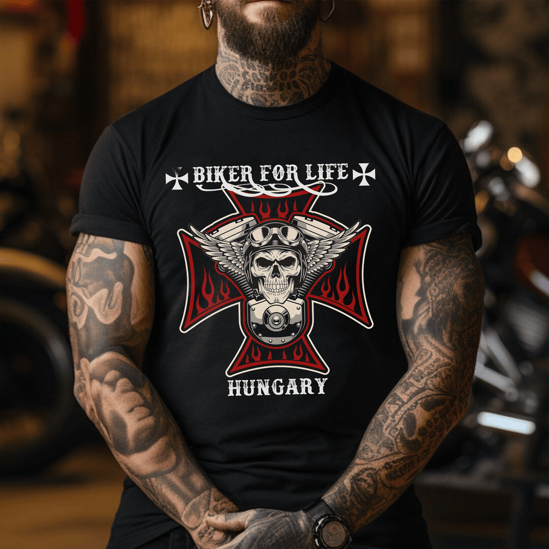 Bikergod Biker For Life Hungary Choppers T Shirt Design 2D Printed HM22052501