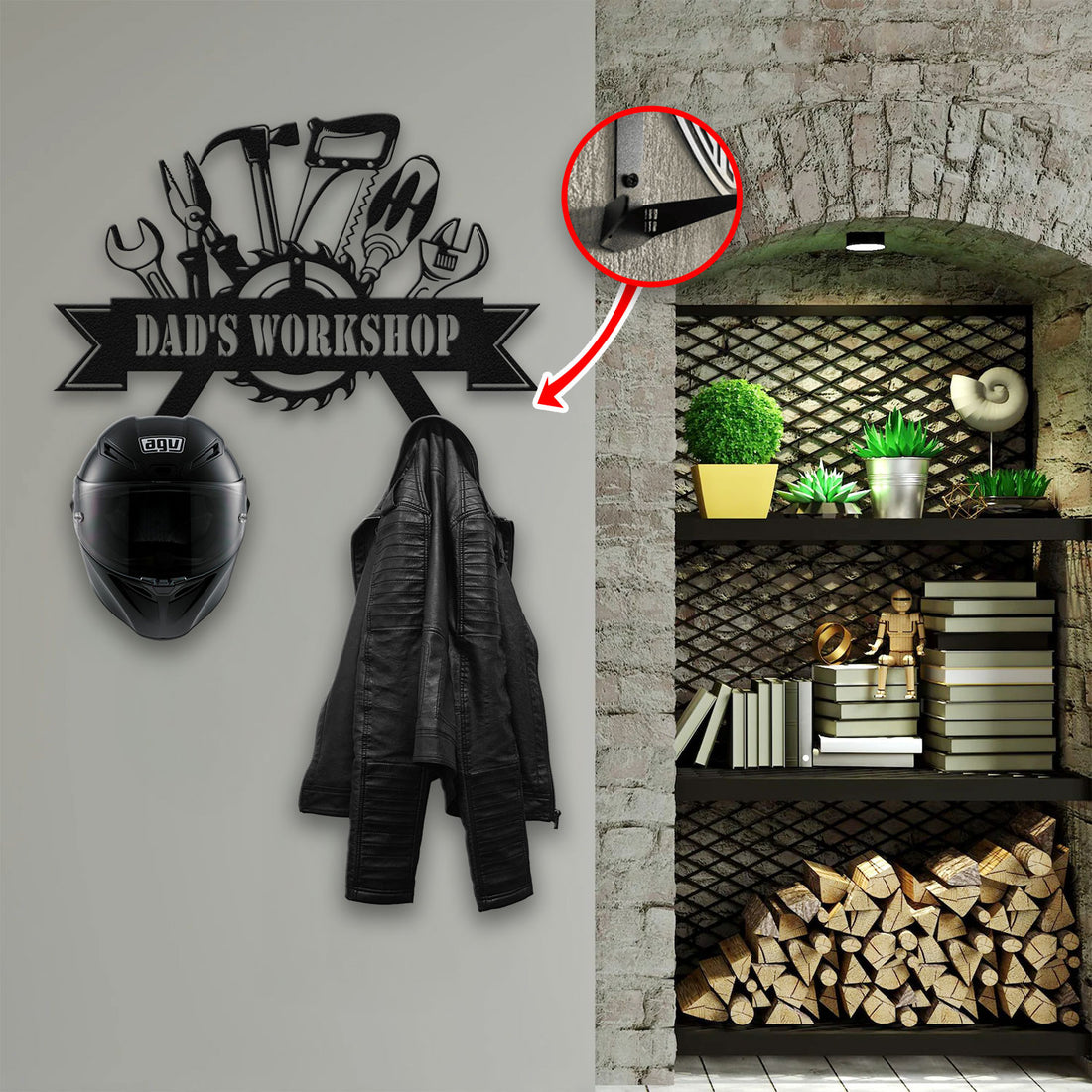 Bikergod Dad's Workshop Helmet Holder Metal Sign– Men Cave Decor- Men Gift LN090625MS10
