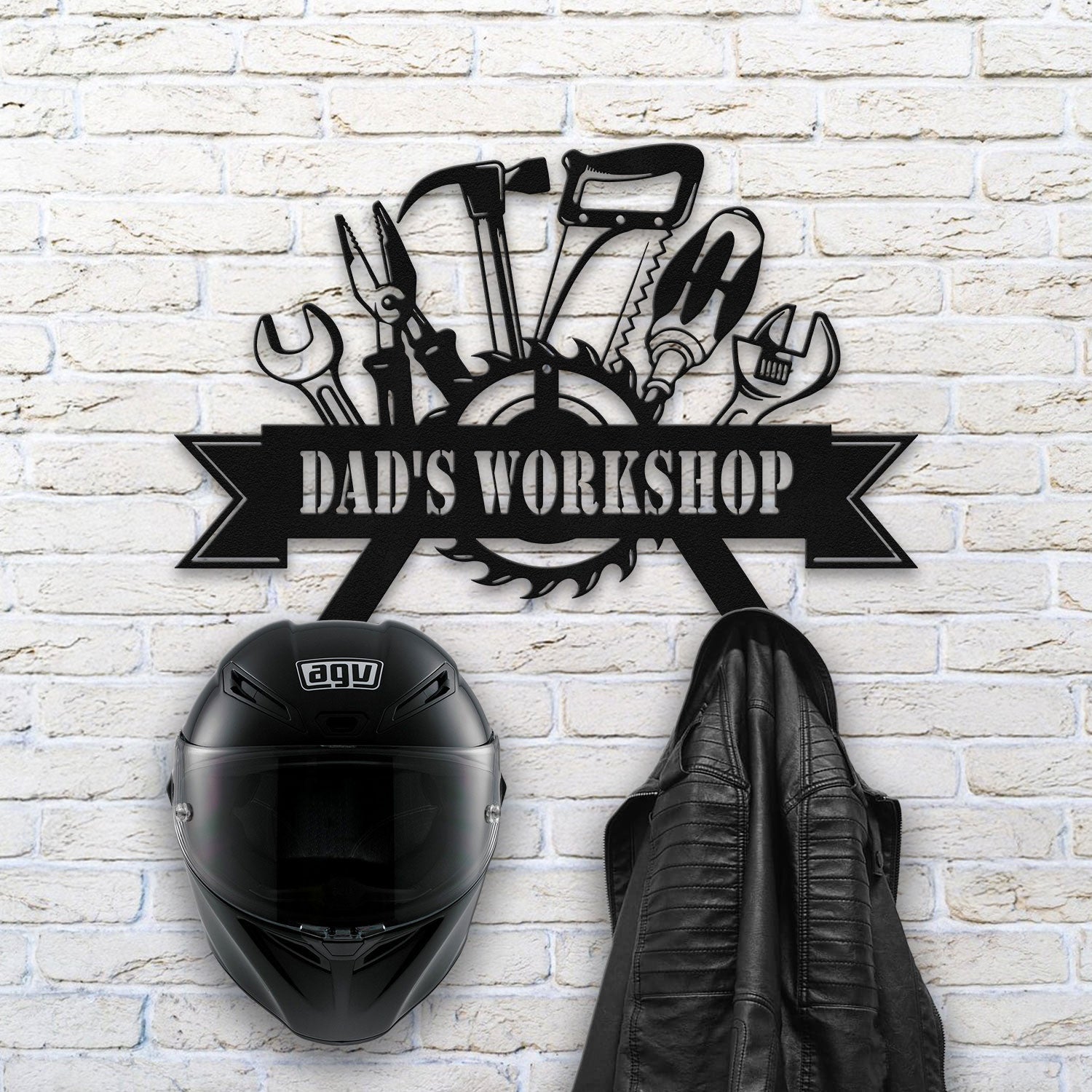 Bikergod Dad's Workshop Helmet Holder Metal Sign– Men Cave Decor- Men Gift LN090625MS10