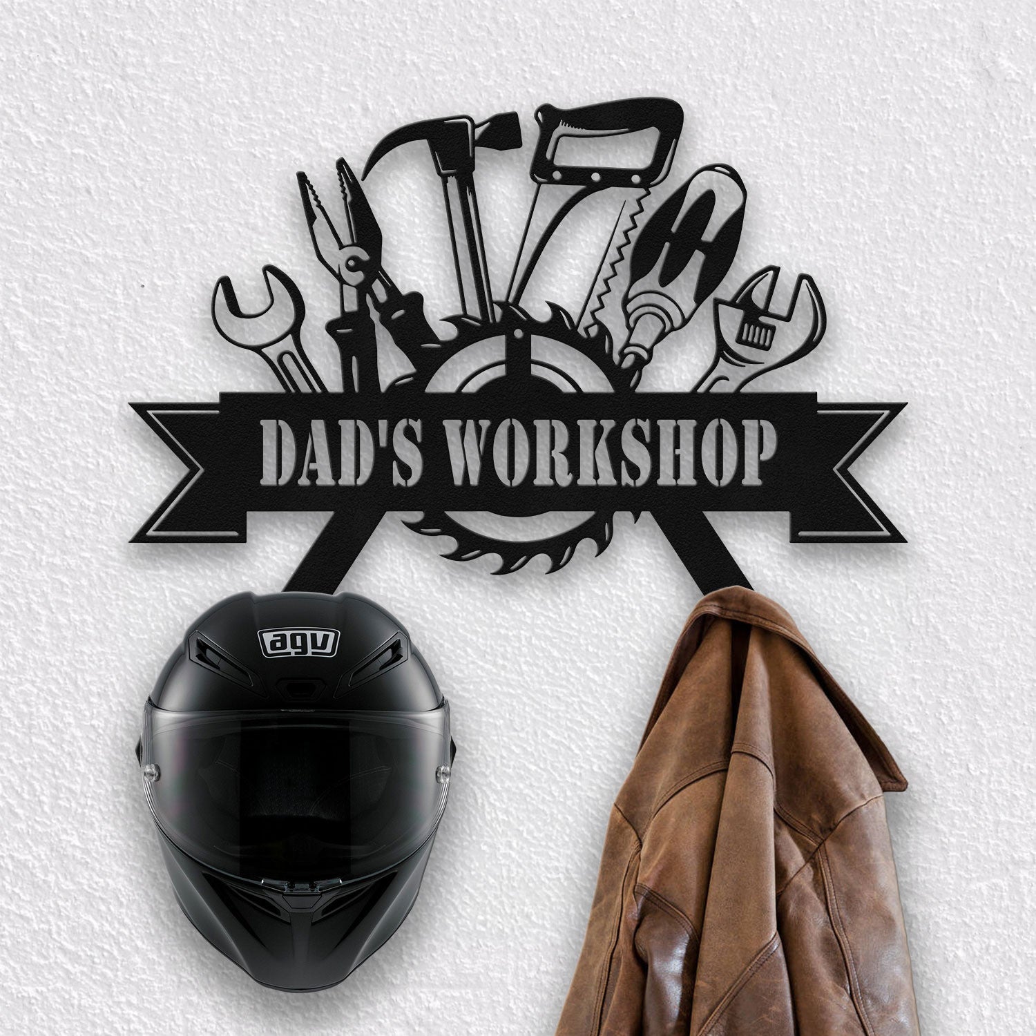 Bikergod Dad's Workshop Helmet Holder Metal Sign– Men Cave Decor- Men Gift LN090625MS10