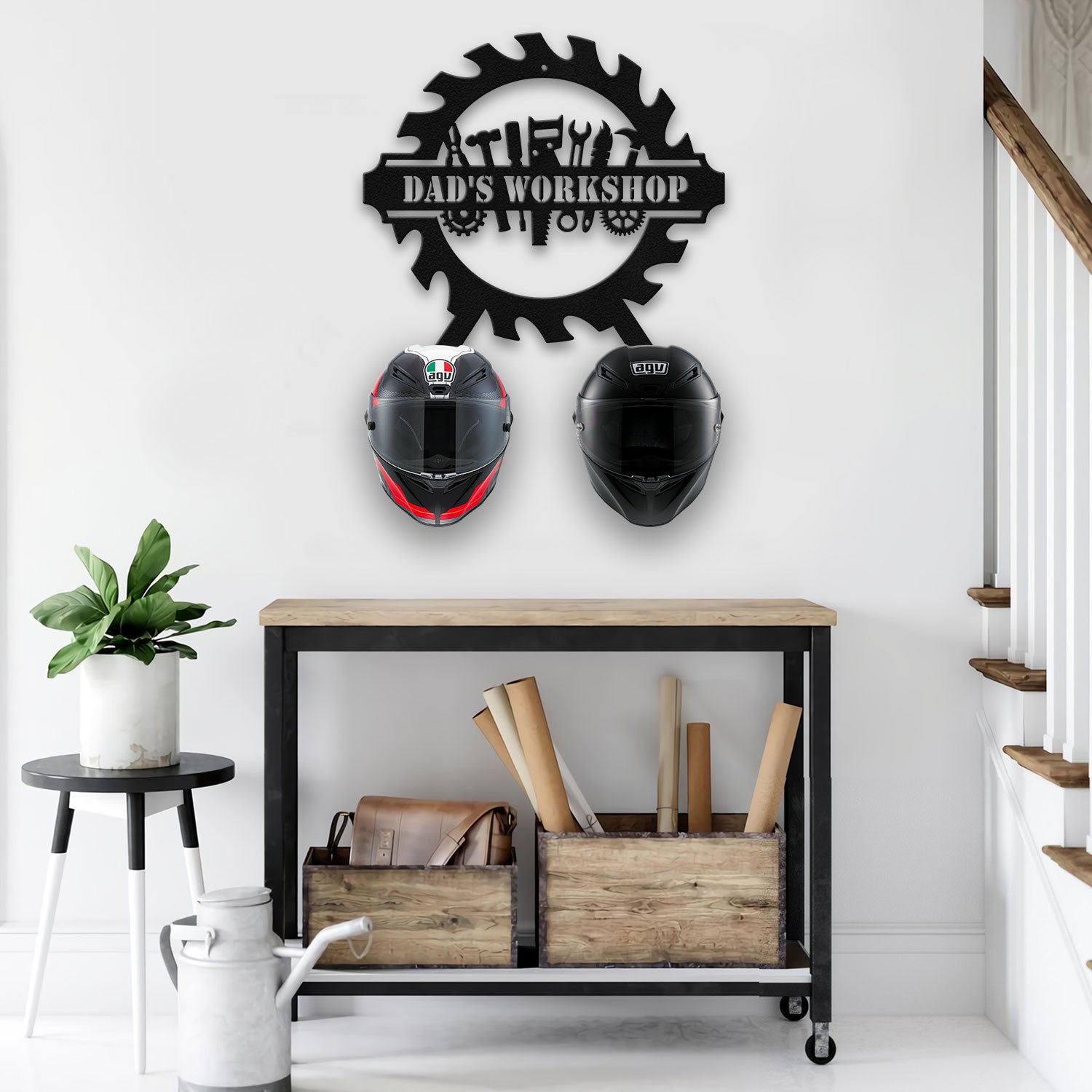 Bikergod Workshop Metal Sign – Biker Metal Helmet Holder - Dad Gift LN090625MS09