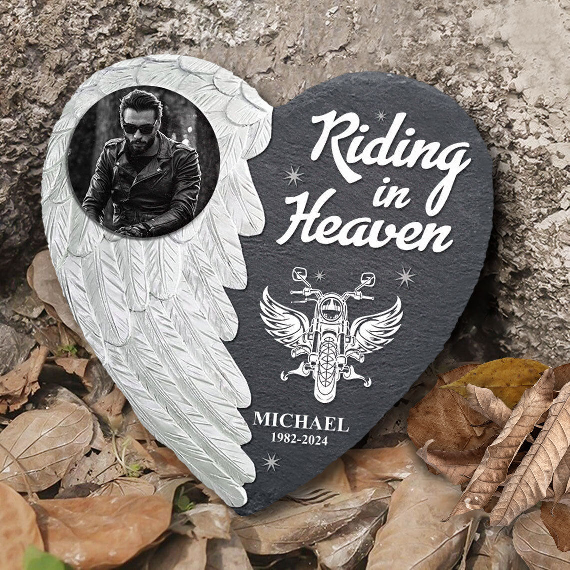 Bikergod Custom Photo Riding In Heaven Stone Ornament, Biker Keepsake Photo Slate, Personalized Biker Photo LN200625ST4