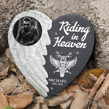 Bikergod Custom Photo Riding In Heaven Stone Ornament, Biker Keepsake Photo Slate, Personalized Biker Photo LN200625ST4