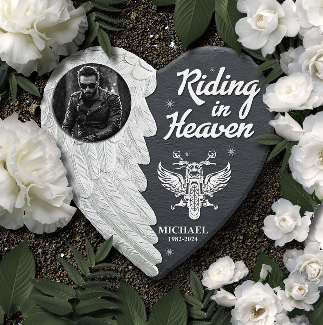Bikergod Custom Photo Riding In Heaven Stone Ornament, Biker Keepsake Photo Slate, Personalized Biker Photo LN200625ST4
