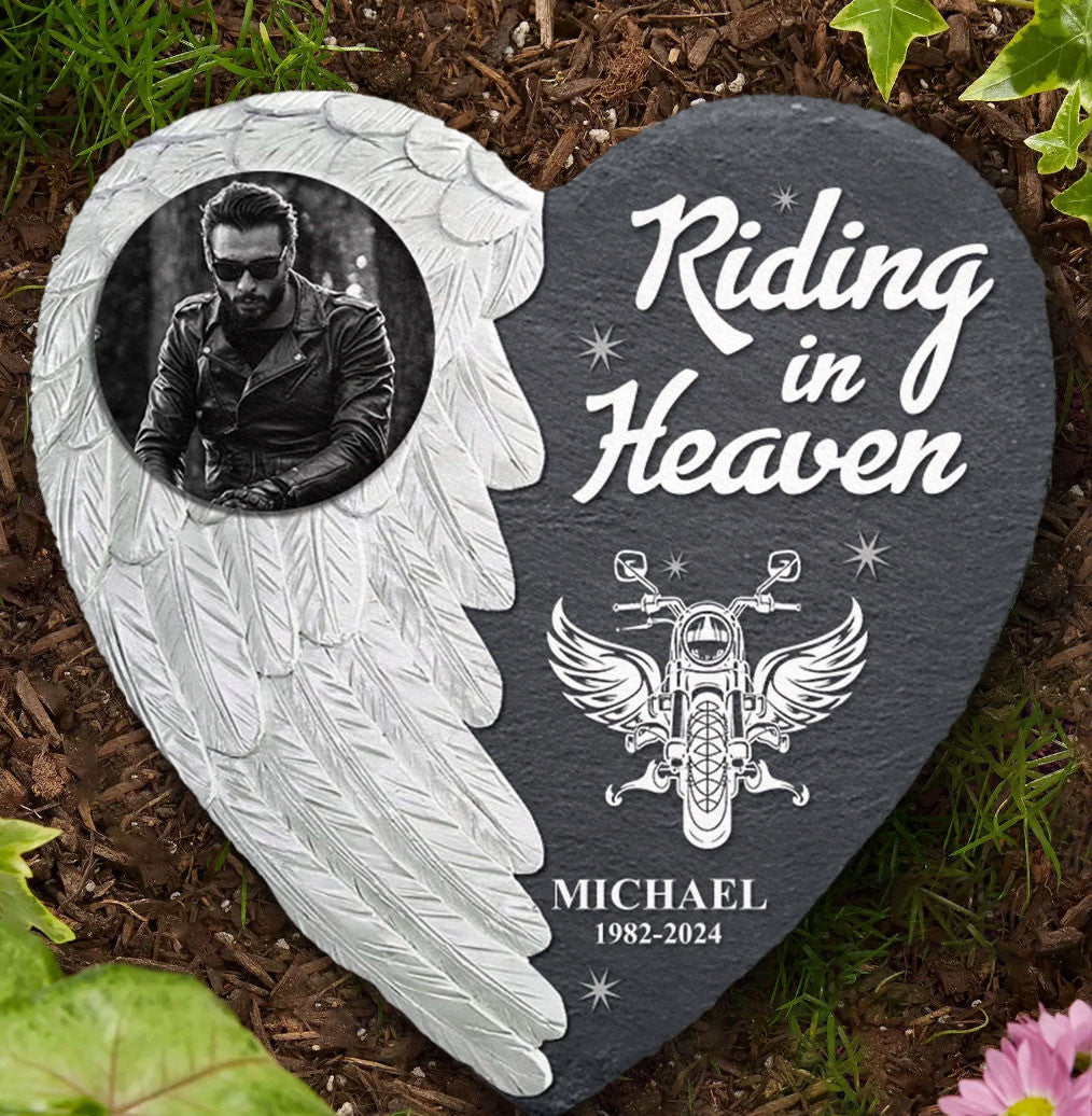 Bikergod Custom Photo Riding In Heaven Stone Ornament, Biker Keepsake Photo Slate, Personalized Biker Photo LN200625ST4