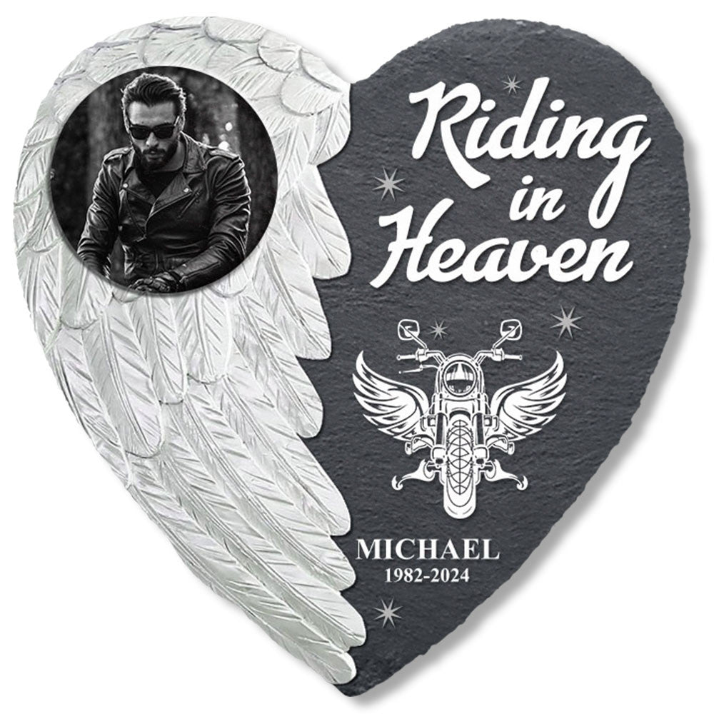 Bikergod Custom Photo Riding In Heaven Stone Ornament, Biker Keepsake Photo Slate, Personalized Biker Photo LN200625ST4
