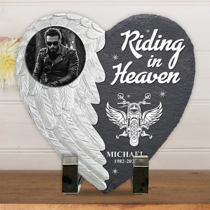 Bikergod Custom Photo Riding In Heaven Stone Ornament, Biker Keepsake Photo Slate, Personalized Biker Photo LN200625ST4