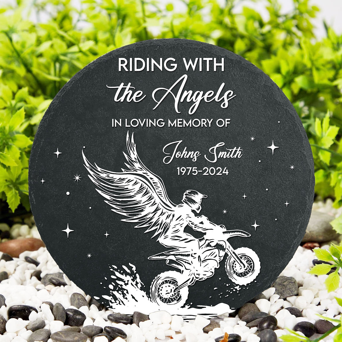 Bikergod Custom Name Rider Memorial Stone, Biker Memorial, Riding With The Angels, Loss of Loved One, Personalized Motorcycle Stone LN200625ST5