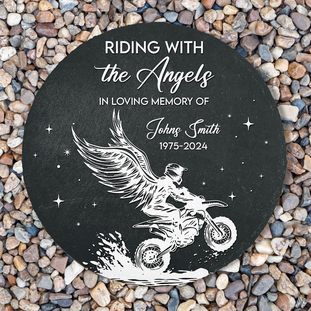 Bikergod Custom Name Rider Memorial Stone, Biker Memorial, Riding With The Angels, Loss of Loved One, Personalized Motorcycle Stone LN200625ST5