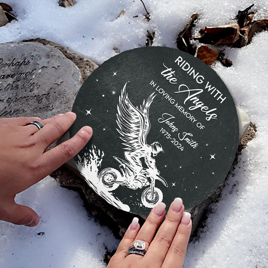 Bikergod Custom Name Rider Memorial Stone, Biker Memorial, Riding With The Angels, Loss of Loved One, Personalized Motorcycle Stone LN200625ST5
