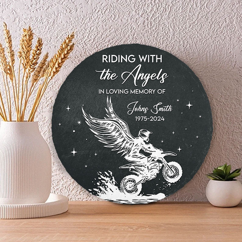 Bikergod Custom Name Rider Memorial Stone, Biker Memorial, Riding With The Angels, Loss of Loved One, Personalized Motorcycle Stone LN200625ST5