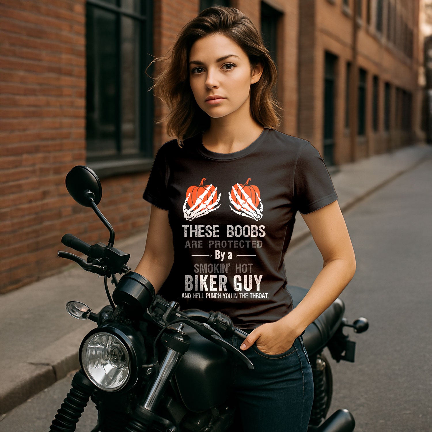 Bikergod Boobs These Boobs Are Protected By A Smokin Hot Biker Guy And He'll Punch In The Throat Tshirt Design 2D Printed DH042025T75