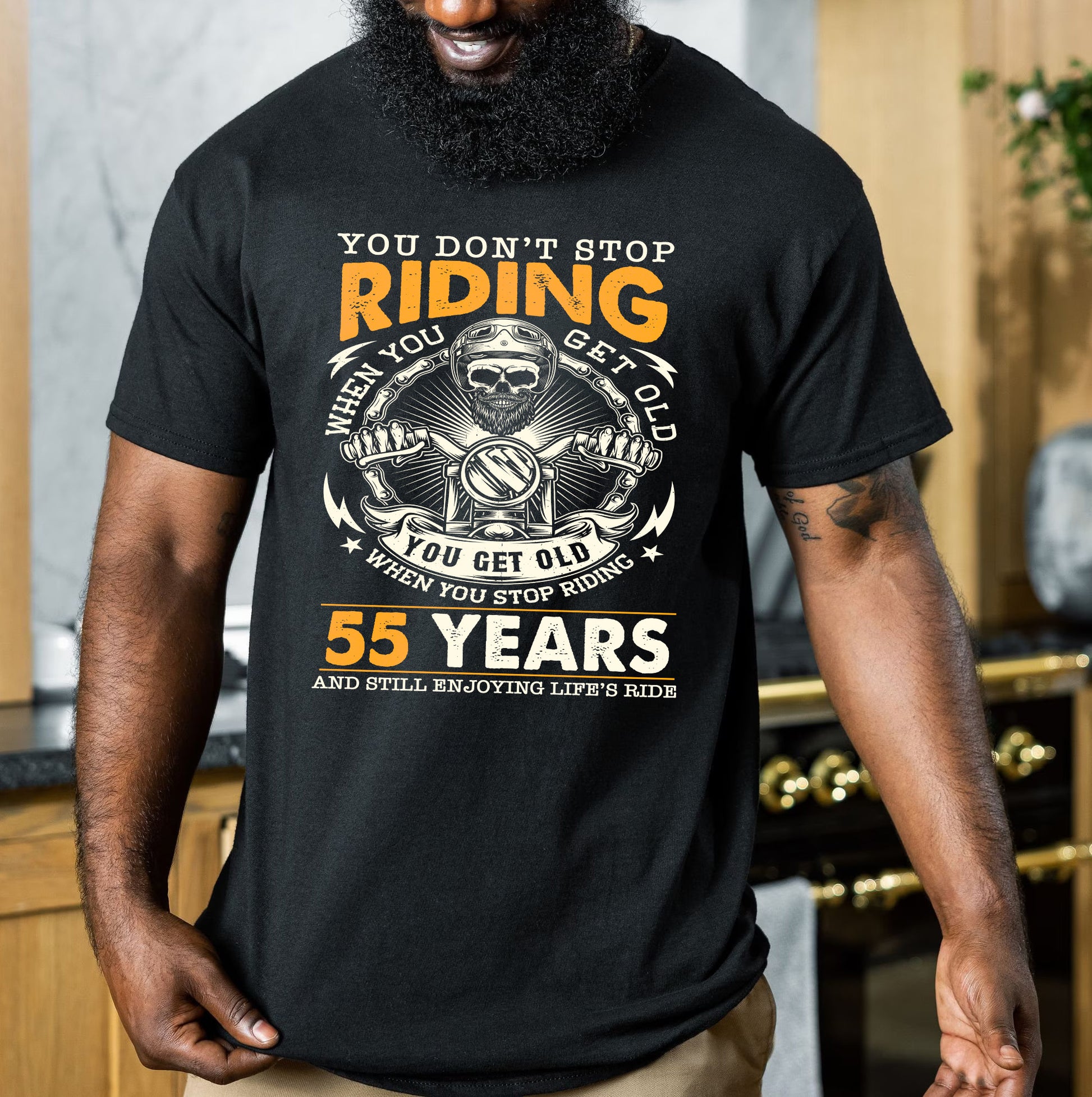 Bikergod Funny 55 Year Old Biker T-Shirt 2D - Custom Age 55th Birthday Anniversary LN250625TS5