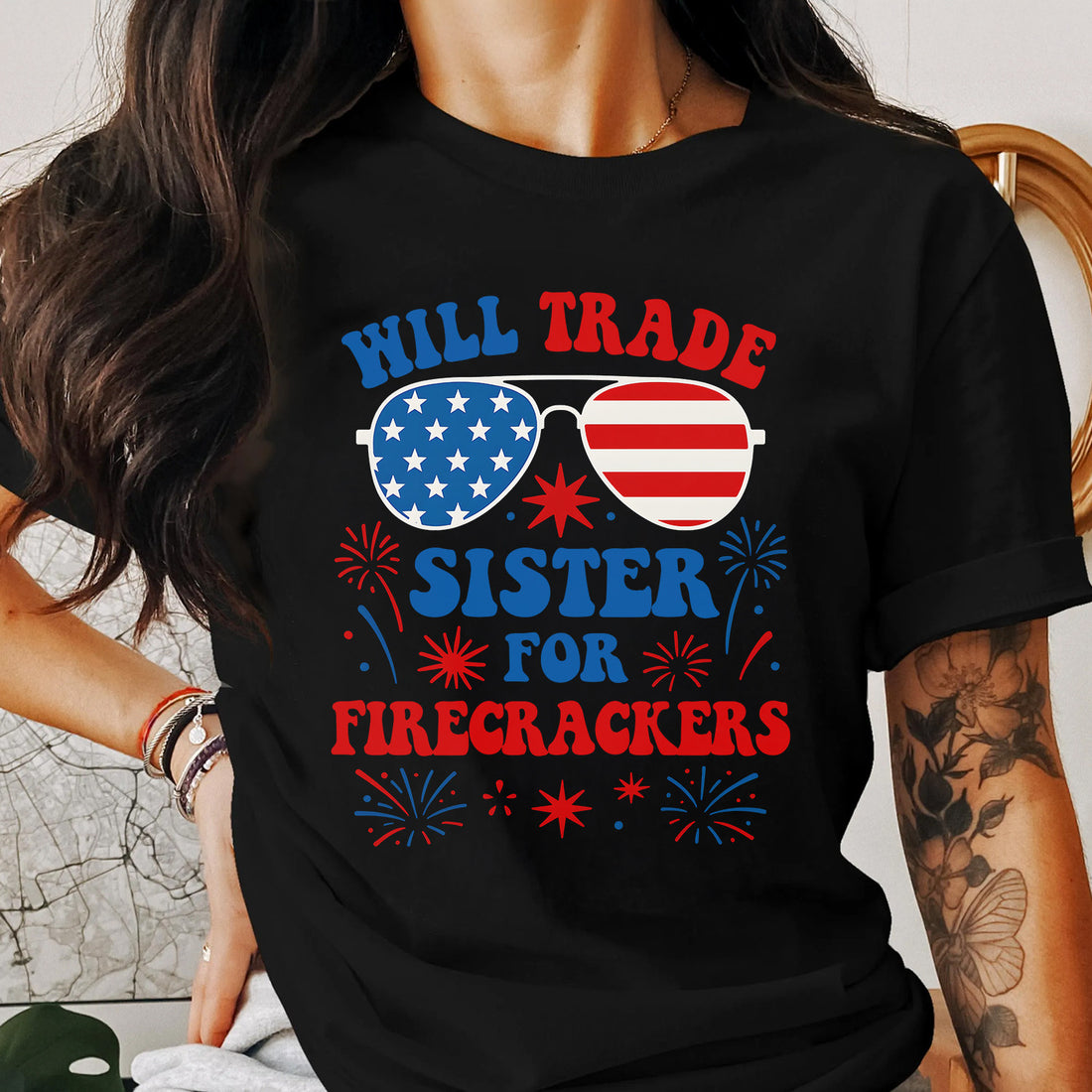 Bikergod Will Trade Sister T-Shirt 2D, Funny 4th of July USA Shirt, Gift For Women Men LN280625TS12