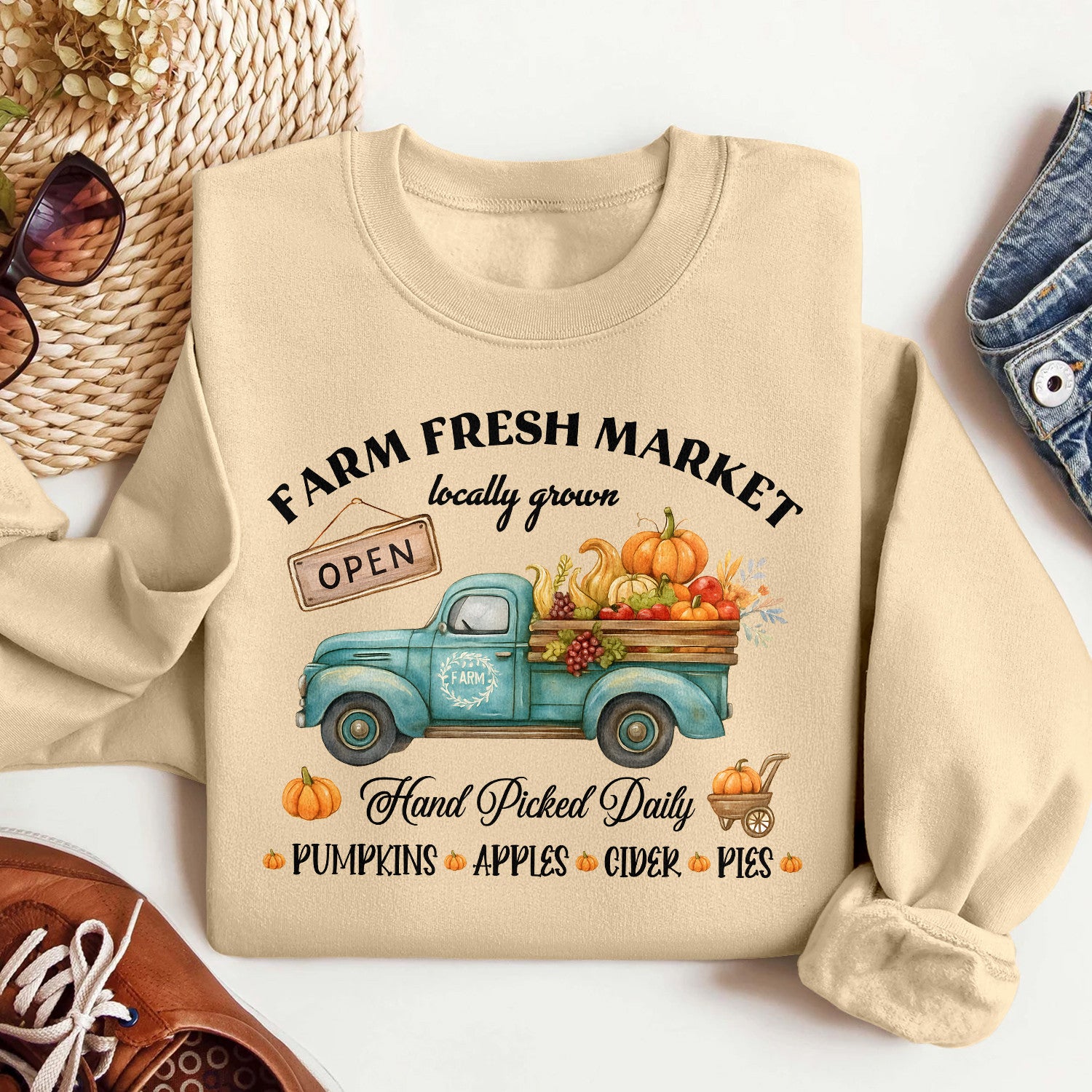 Bikergod Farm Fresh Market Sweatshirt 2D Sizes S - 5XL - Autumn Leaves, Fall Sweatshirt, Fall Shirt, Thanksgiving Tee LN300625SW03