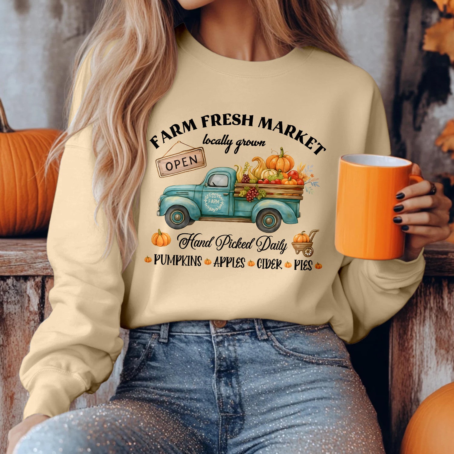 Bikergod Farm Fresh Market Sweatshirt 2D Sizes S - 5XL - Autumn Leaves, Fall Sweatshirt, Fall Shirt, Thanksgiving Tee LN300625SW03
